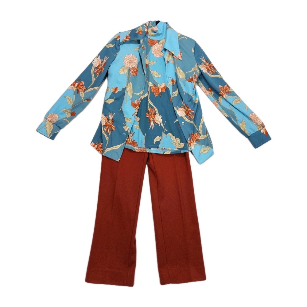 Vtg 70s Leisure Suit Womens XS 2 / 4 Pants‎ Blouse Shirt Psychedelic Dopamine